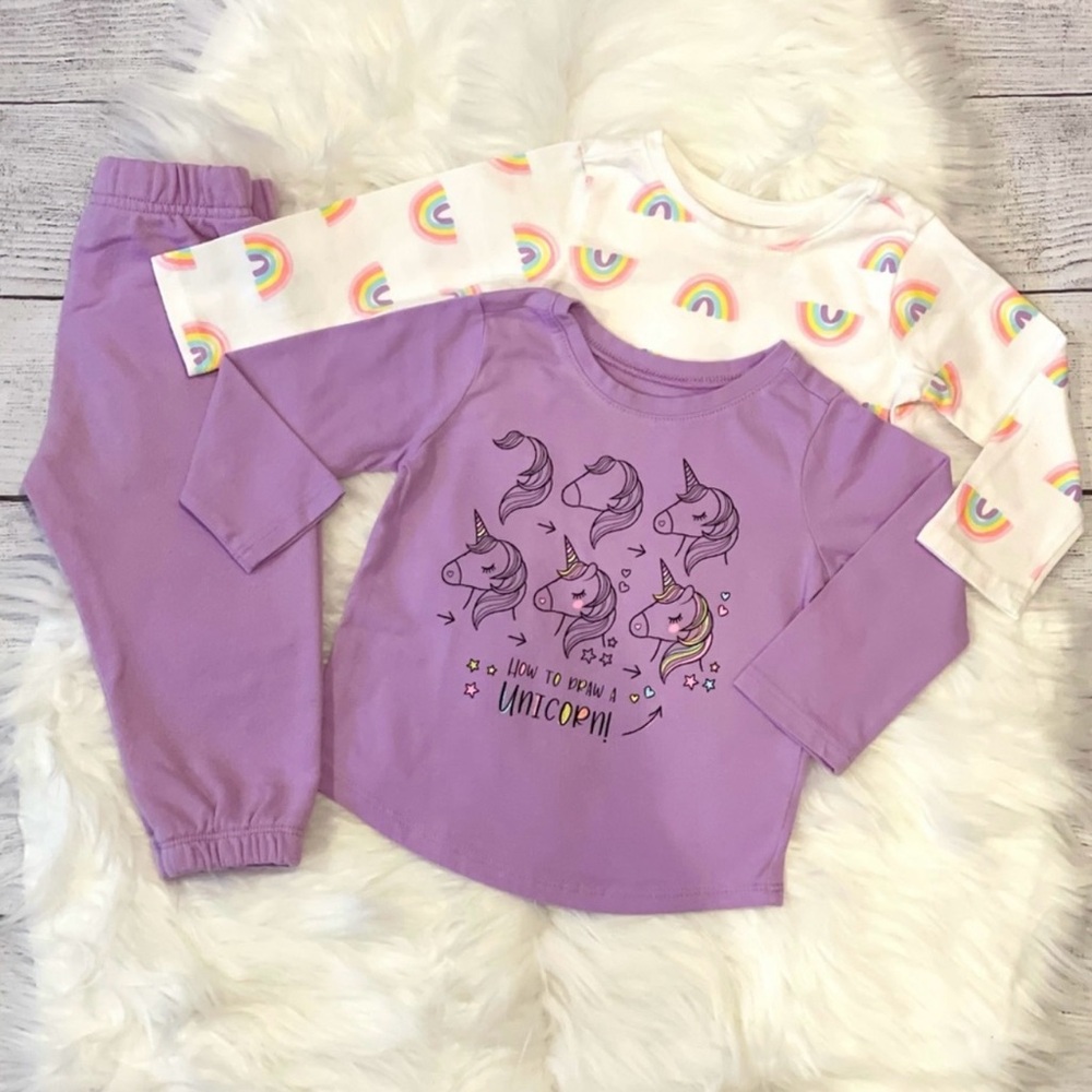 Garanimals Baby Girls Unicorns and Rainbows Tees and Sweatpants Bundle, Size 12m